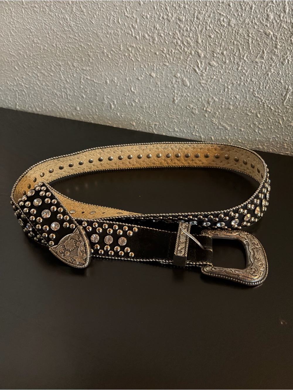 Vintage GUESS Black leather belt with silver studs and rhinestones